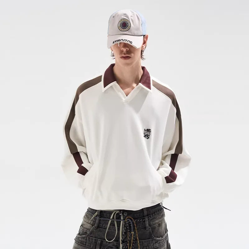 BLINDNOPLAN Colorblock Embroidered Polo Sweatshirt - Loose Fit, Long Sleeve