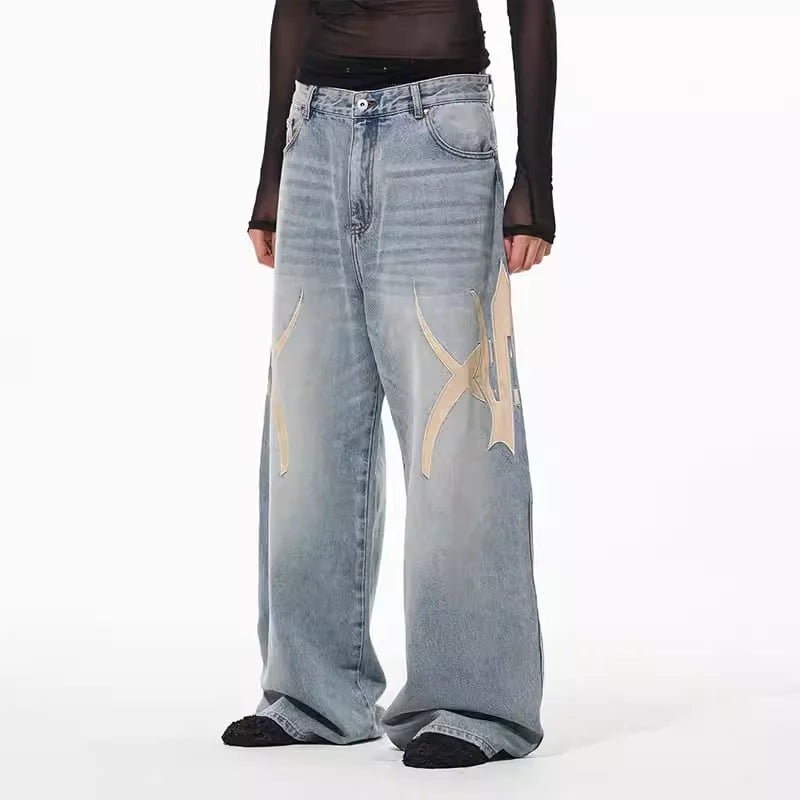 BLINDNOPLAN Embroidered Washed Loose-Fit Jeans with Graphic Patch Detailing
