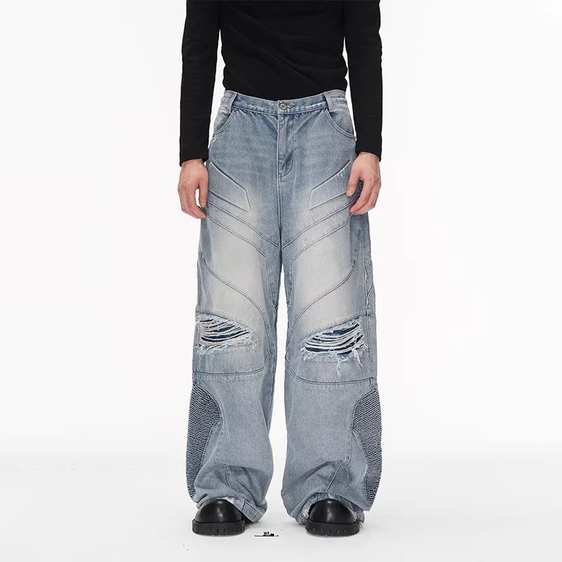 BLINDNOPLAN Distressed Washed Wide-Leg Denim Jeans