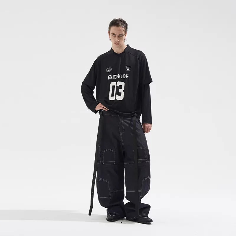 BLINDNOPLAN Men's Vintage Striped Fake Two-Piece Long Sleeve Jersey T-Shirt