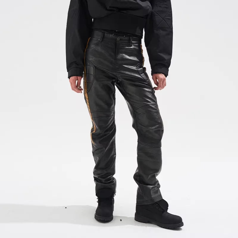 BLINDNOPLAN Men's Vintage Colorblock Striped Leather Biker Pants