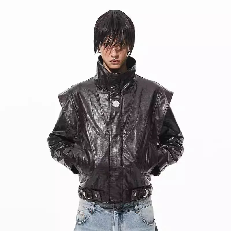 BLINDNOPLAN Crocodile Pattern Faux Leather Jacket with Metal Belt