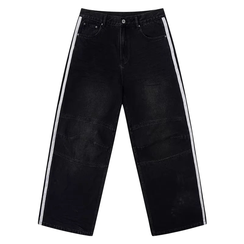 BLINDNOPLAN Distressed Colorblock Striped Wide-Leg Denim Pants