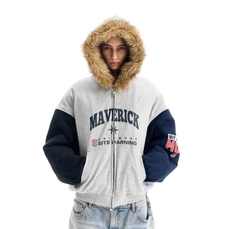 BLINDNOPLAN Colorblock Faux Fur Hooded Cotton Jacket