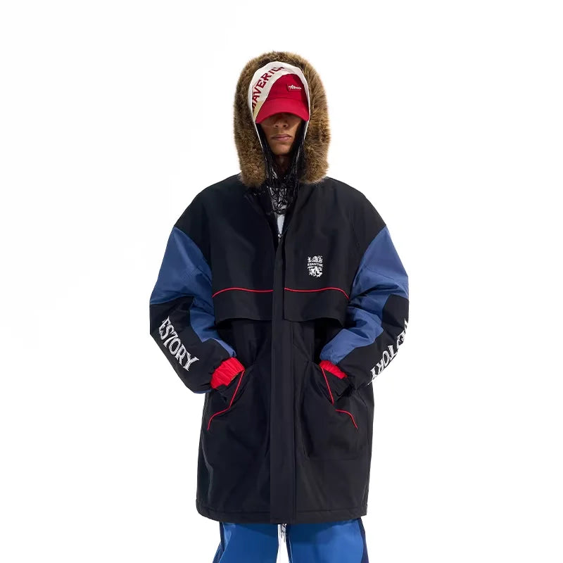 BLINDNOPLAN Colorblock Embroidered Cotton Parka with Fur Hood