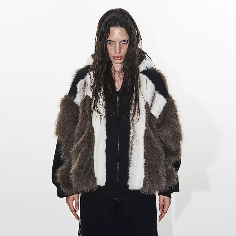 BLINDNOPLAN Colorblock Hooded Faux Fur Winter Jacket