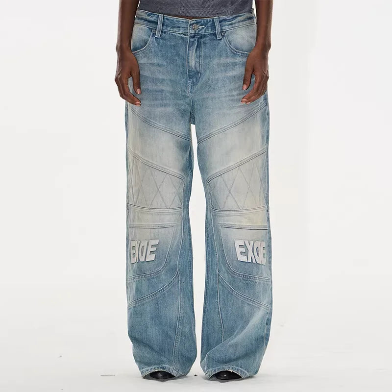 BLINDNOPLAN Washed Blue Distressed Biker Patchwork Jeans