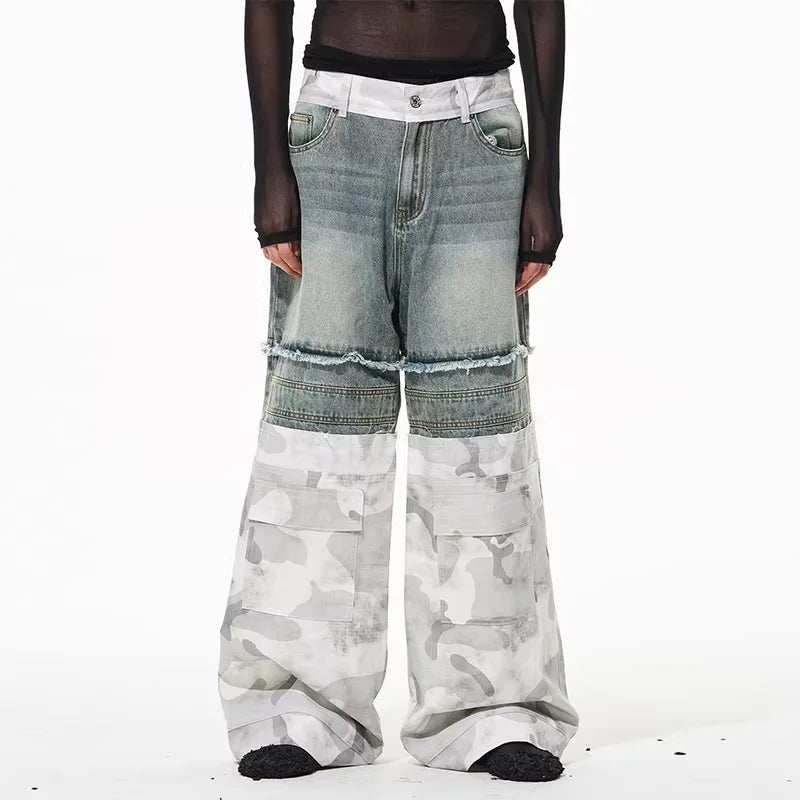 BLINDNOPLAN Men's Double-Layer Camouflage Patchwork Denim Pants