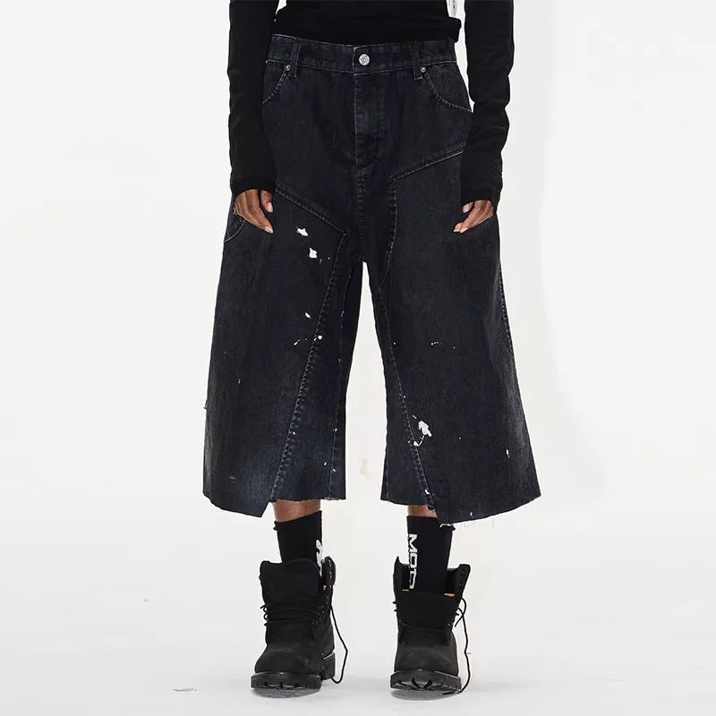 BLINDNOPLAN Ink-Splattered Flocked Denim Culotte Shorts