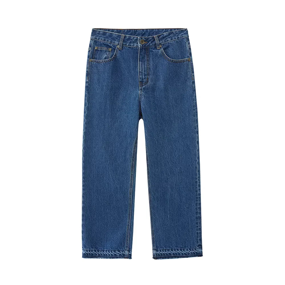 NANS Menswear Men's Vintage Washed Cropped Straight Twill Jeans