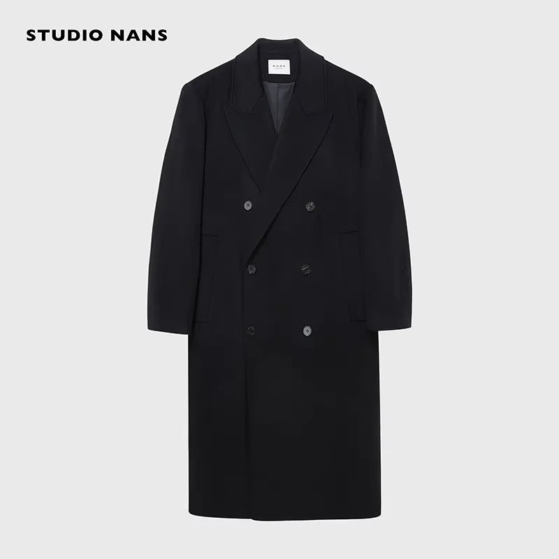 NANS Menswear Men's Oversized Double-Breasted Wool Herringbone Coat