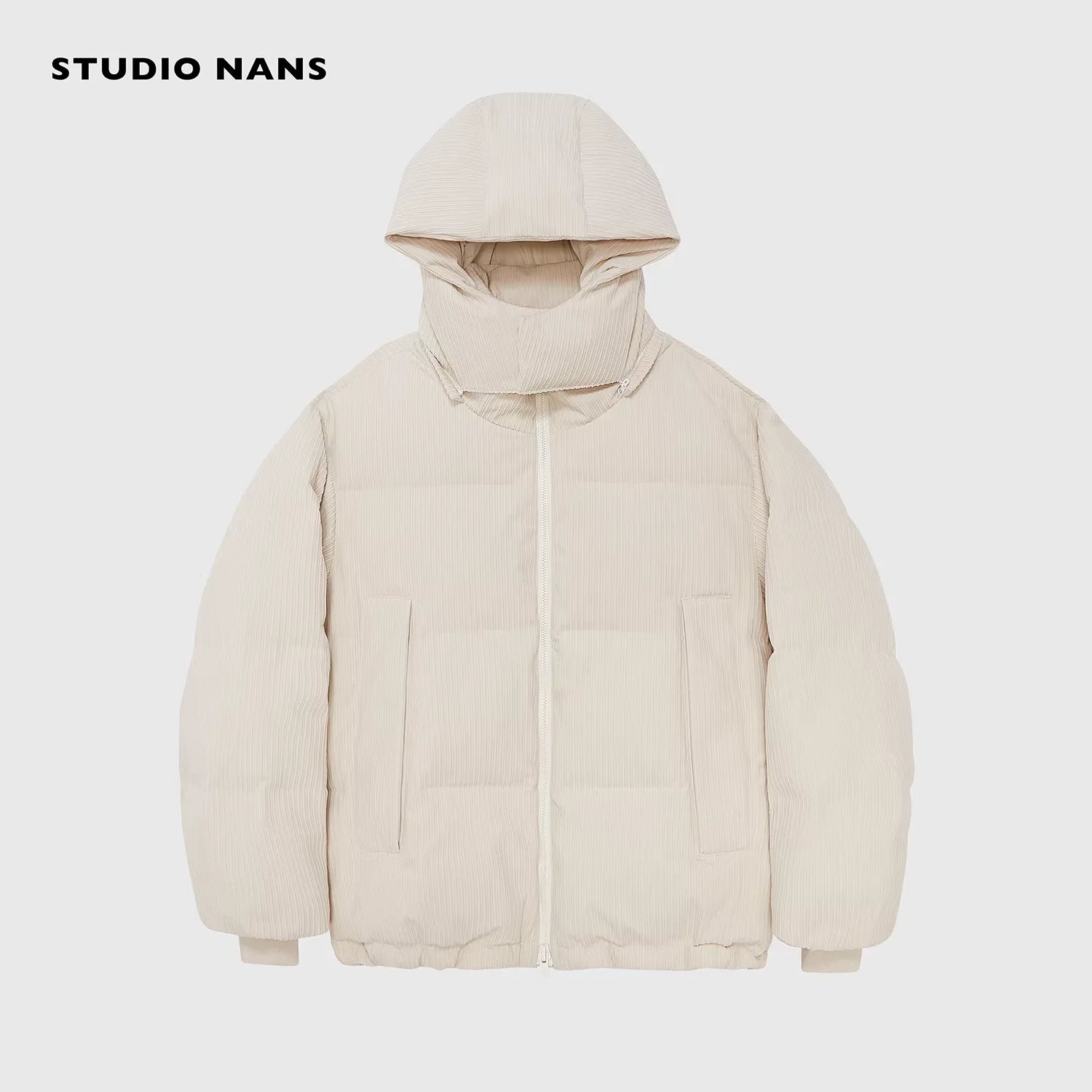 NANS Menswear Corduroy Striped Heavyweight Down Puffer Jacket with Detachable Hood