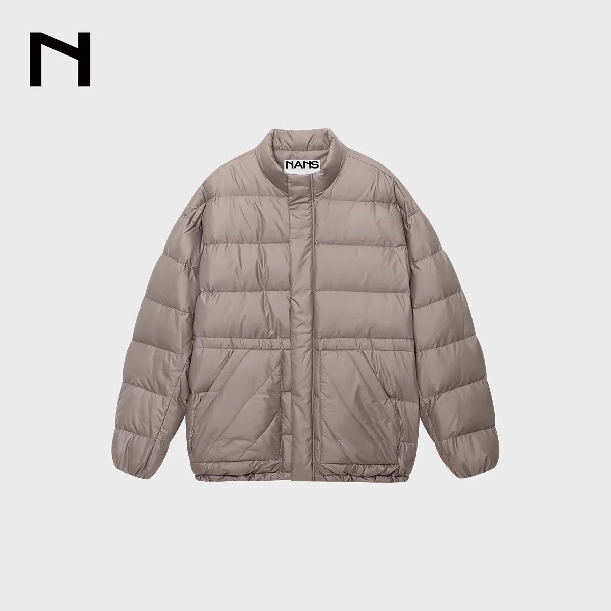 NANS Menswear Glossy Quilted Down Jacket with Stand Collar and Drawstring Waist