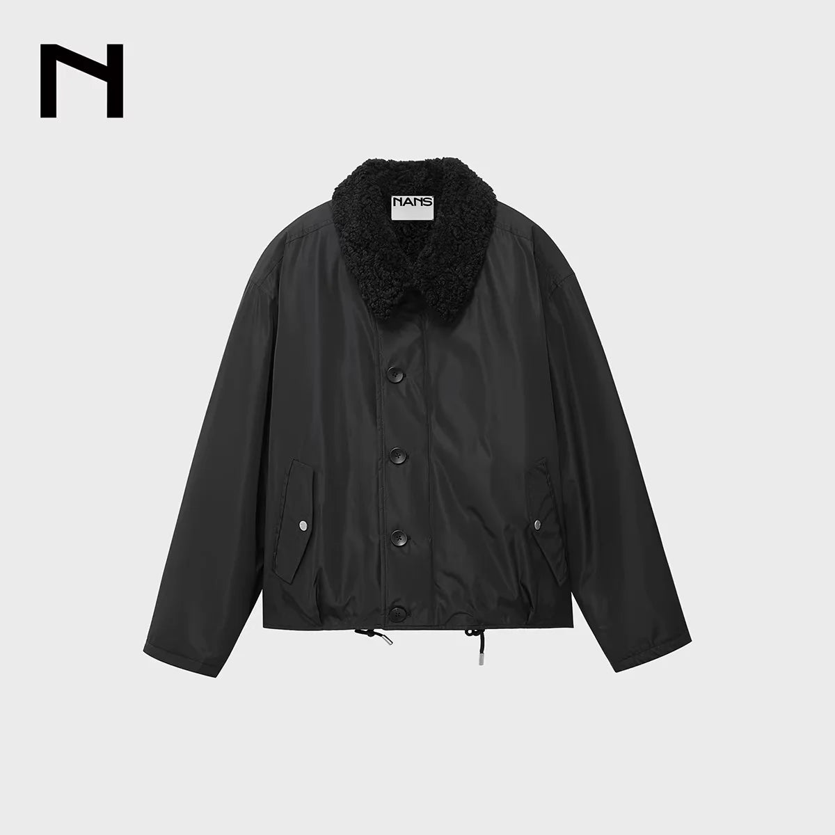 NANS Menswear Men's Faux Shearling Lined Short Quilted Jacket with Drawstring and Square Collar