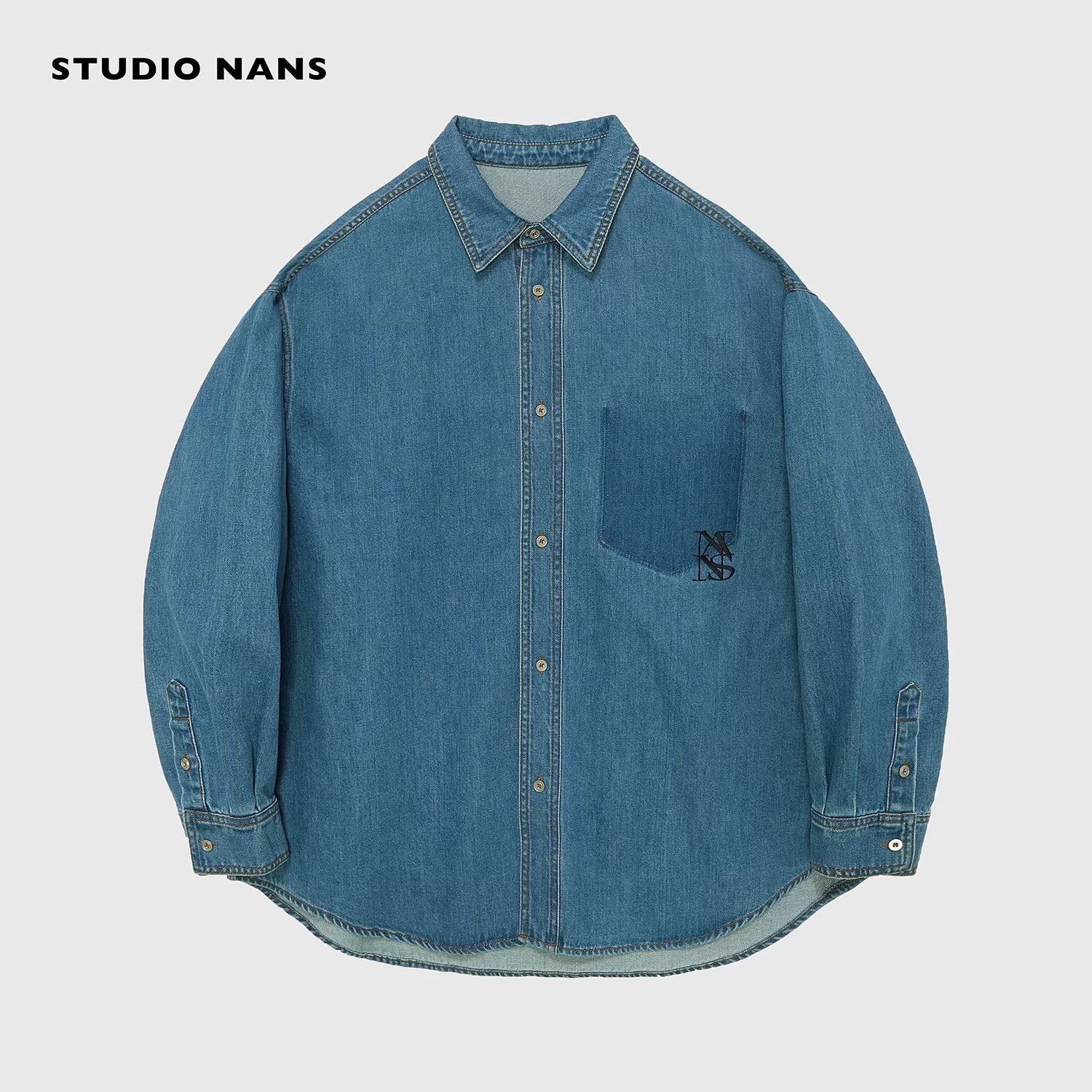 NANS Menswear 9oz Vintage Washed Denim Oversized Shirt with Embroidered Pocket