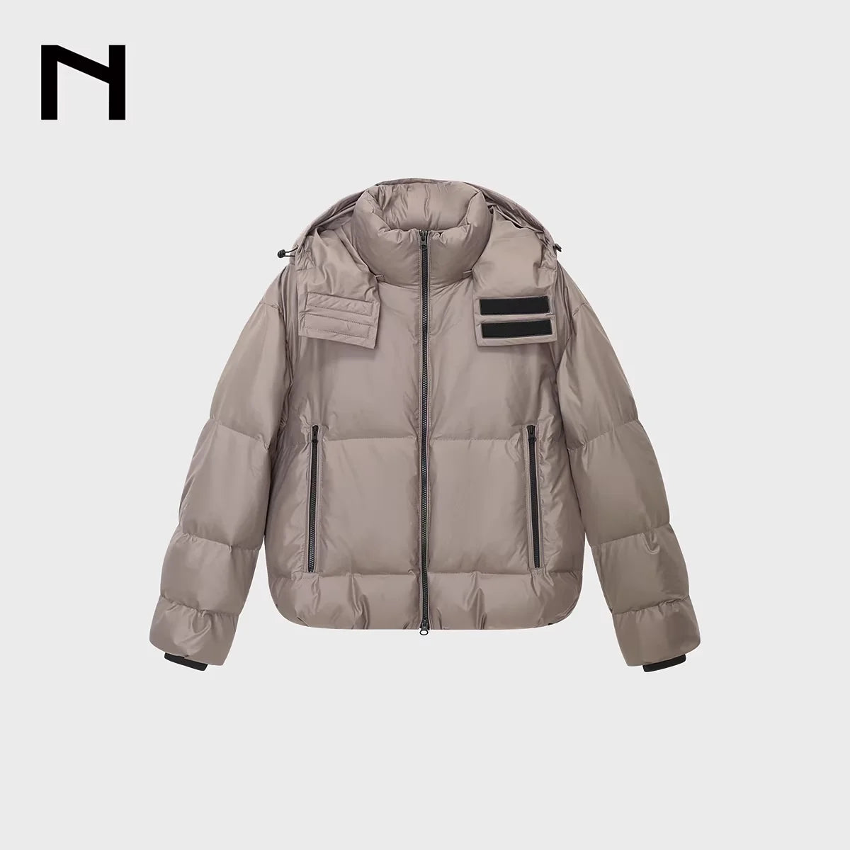 NANS Menswear Glossy High-Neck Waterproof Down Puffer Jacket with Detachable Hood