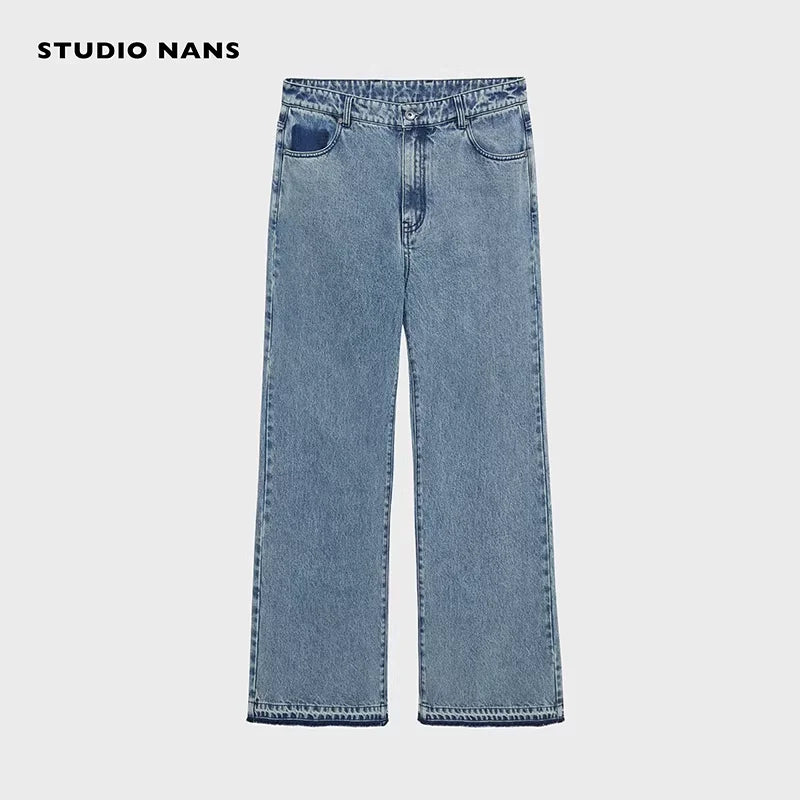 NANS Menswear 14oz Distressed Washed Flared Straight Leg Jeans