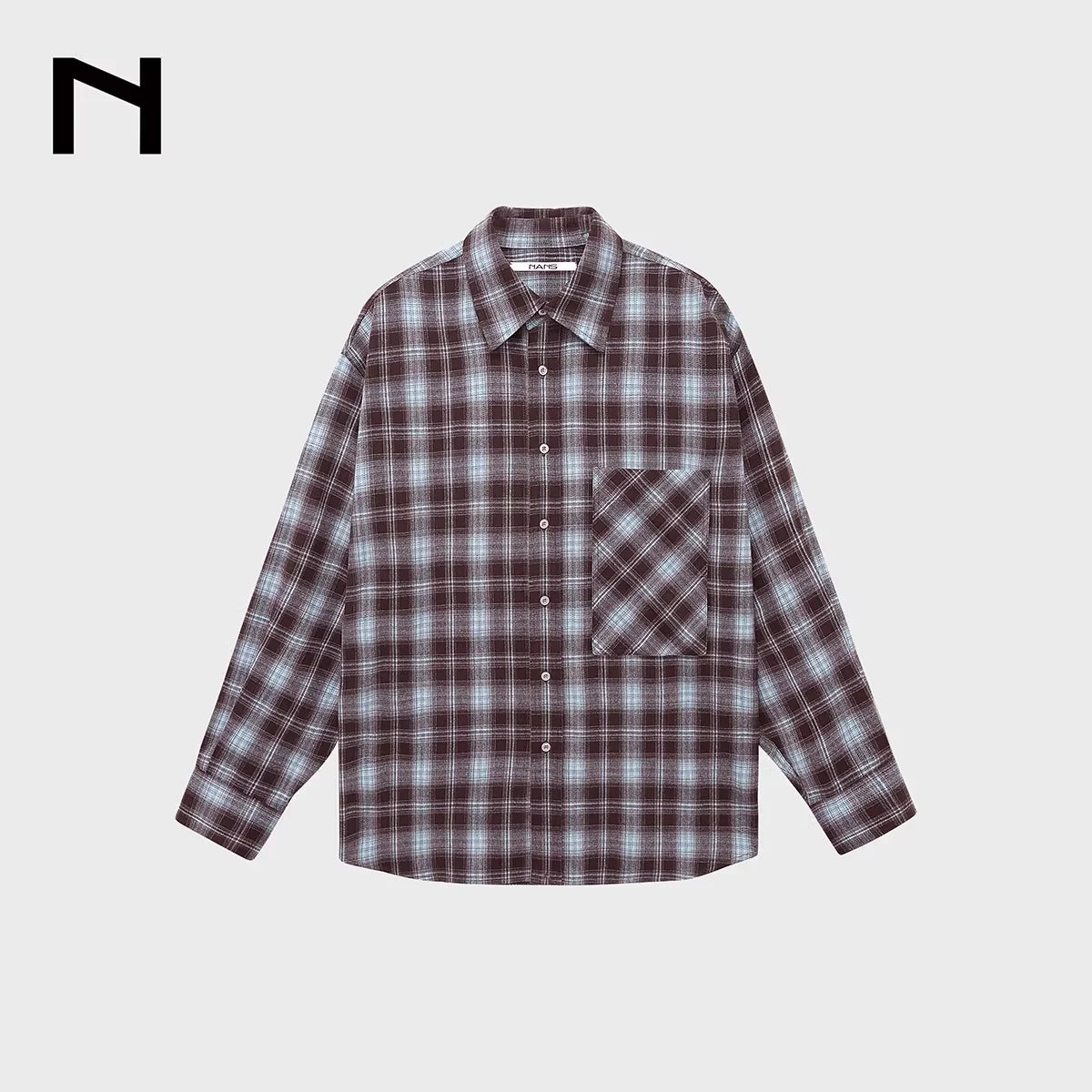 NANS Menswear Oversized Plaid Flannel Shirt with Bias Pocket and Spread Collar