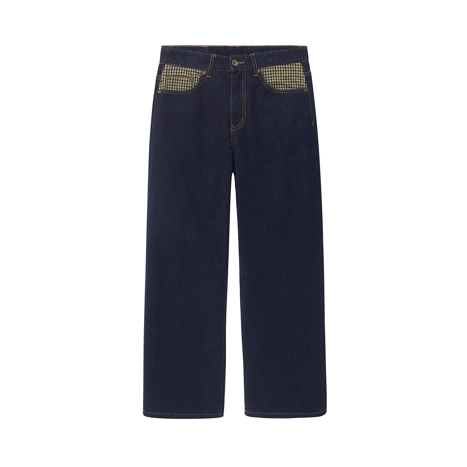 NANS Menswear 12oz Selvedge Raw Denim Jeans with Plaid Patchwork