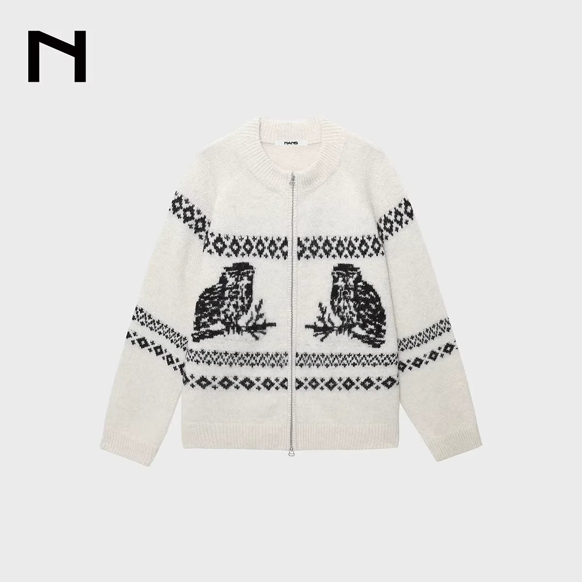 NANS Menswear Alpaca Wool Vintage Jacquard Zip Cardigan