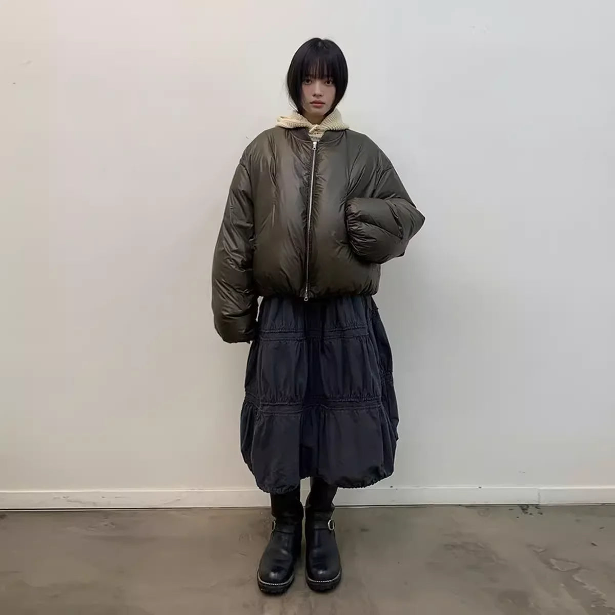 NeverSeez Olive Green Oversized Short Down Puffer Jacket