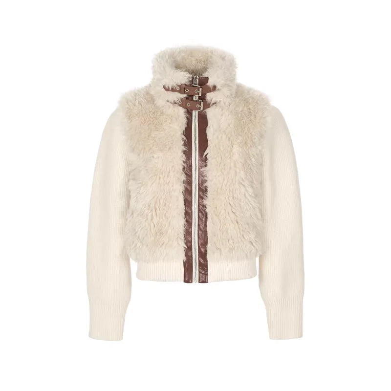 Amee Contrast Trim Sherpa Cardigan with Stand Collar and Buckle Detail