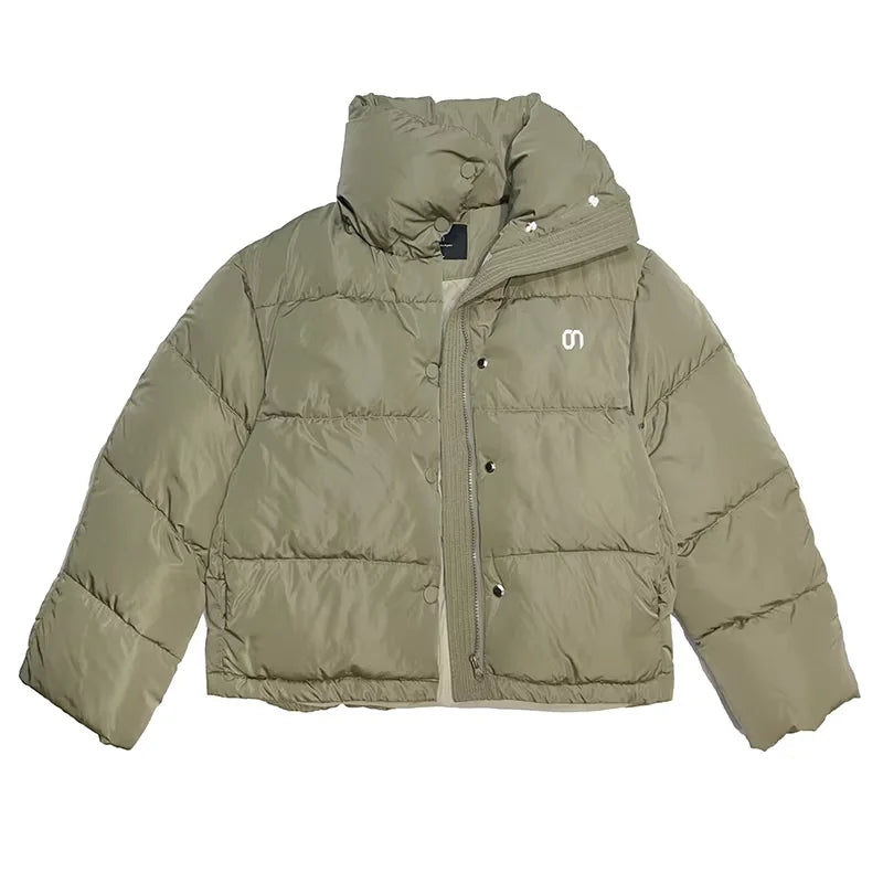 Amee Khaki Duck Down Puffer Jacket with Stand Collar