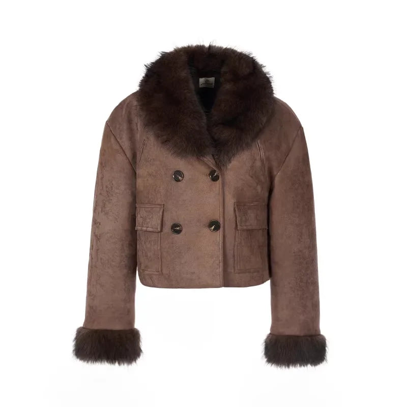 Amee Red-Brown Cropped Suede Jacket with Fur Collar and Quilted Design