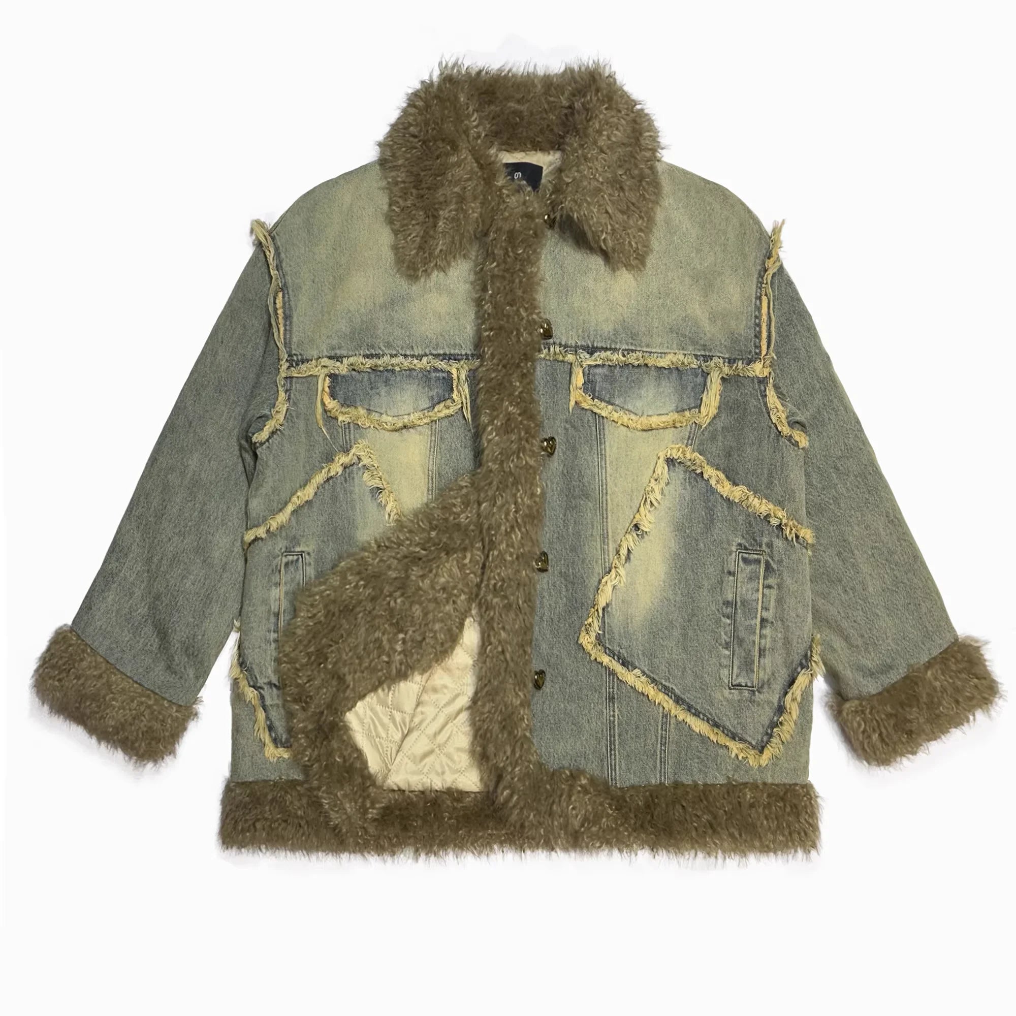 Amee Retro Patchwork Denim Jacket with Faux Shearling for Women