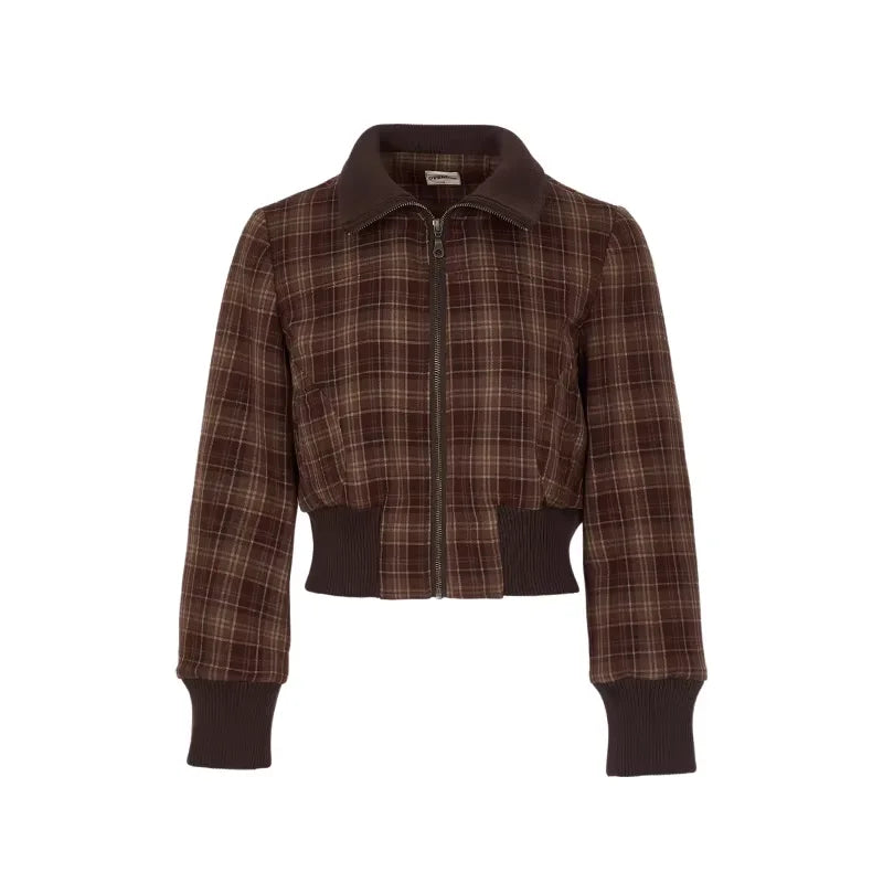 Amee Women's Cropped Plaid Jacket with Stand Collar