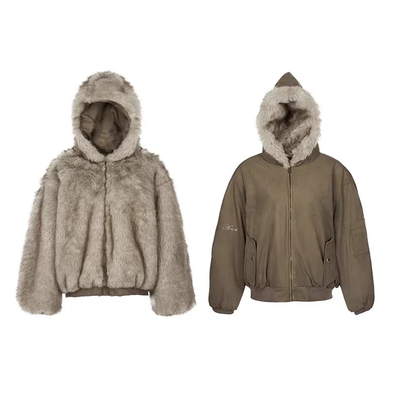 Amee Reversible Hooded Faux Fur Suede Winter Coat