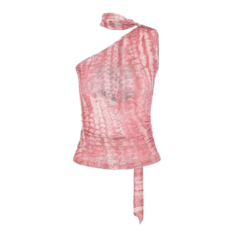 Amee Asymmetrical Rose Pink Mesh Halter Top