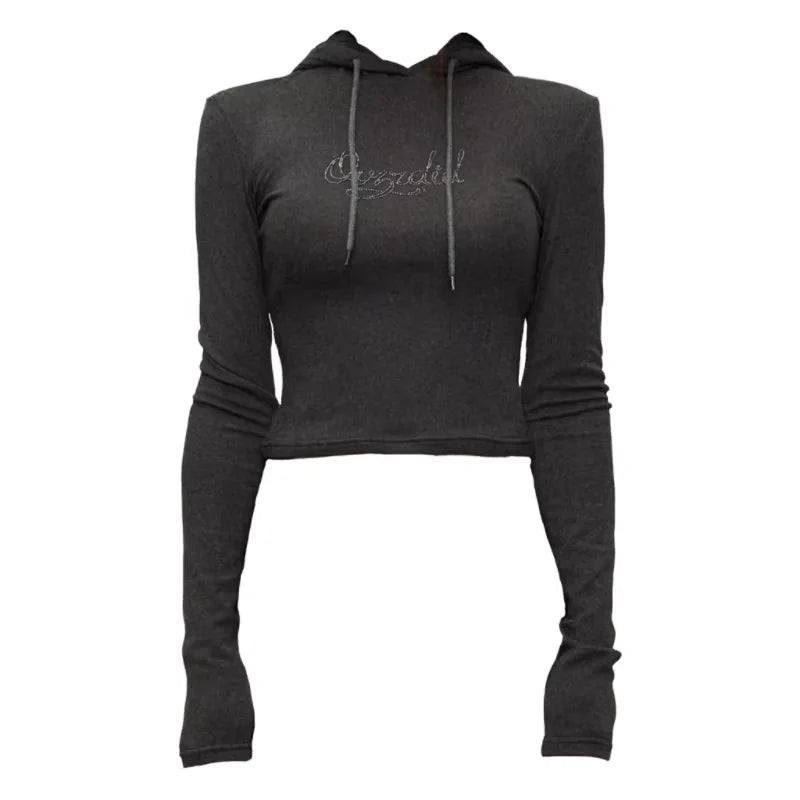 Amee Women's Vintage Hooded Rhinestone Cropped Long Sleeve T-Shirt