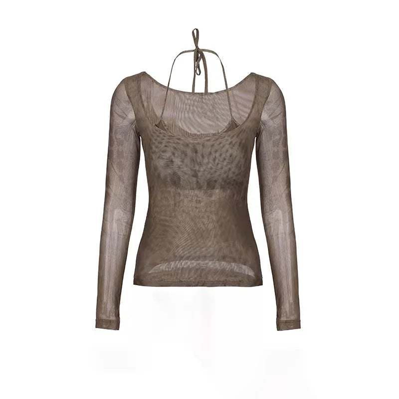 Amee Printed Mesh Halter Top with Chest Pad and Slim Fit