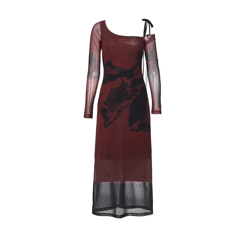 Amee Asymmetrical One-Shoulder Mesh Maxi Dress in Maroon and Black