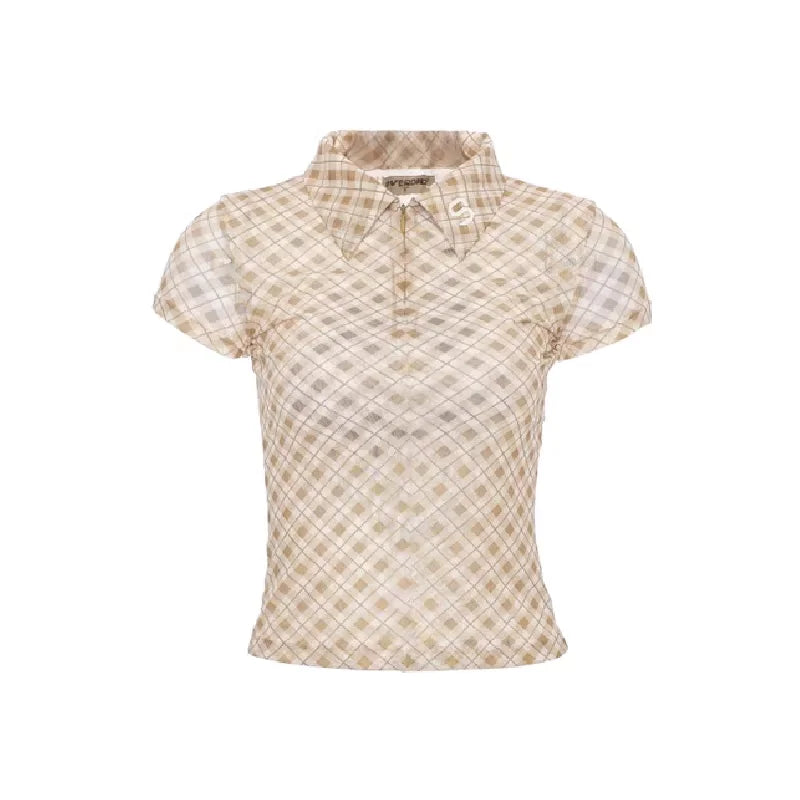 Amee Women's Slim Fit Plaid Polo T-Shirt with Short Sleeves