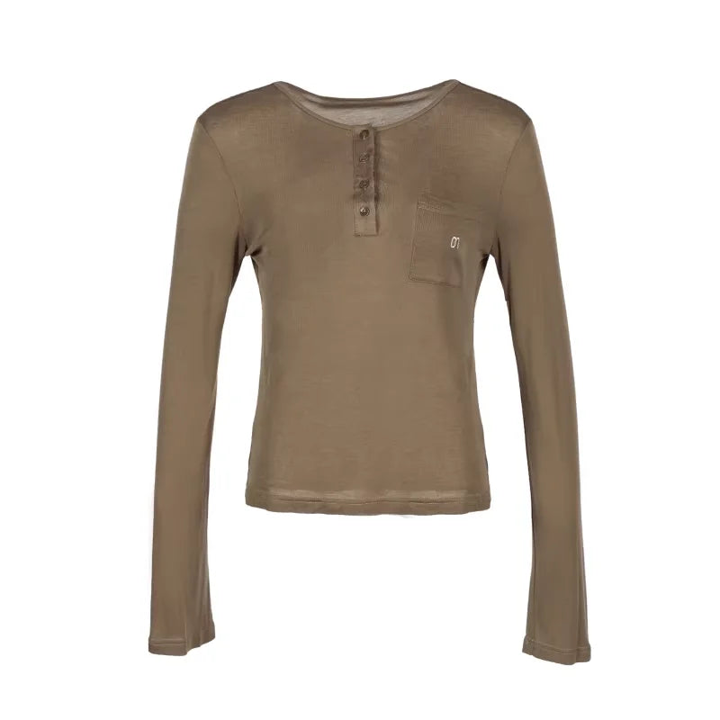 Amee Women's Vintage Embroidered Patch Pocket Long-Sleeve Knit Top