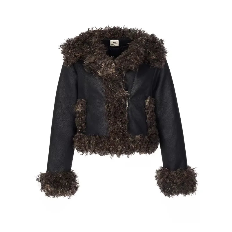 Amee Leopard Faux Fur Collar Cotton-Padded Jacket with Suede Patchwork for Women