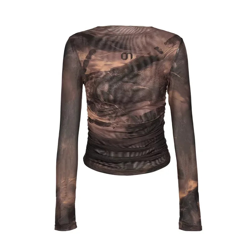 Amee Black and Brown Mesh Ruched High Neck Long Sleeve Top
