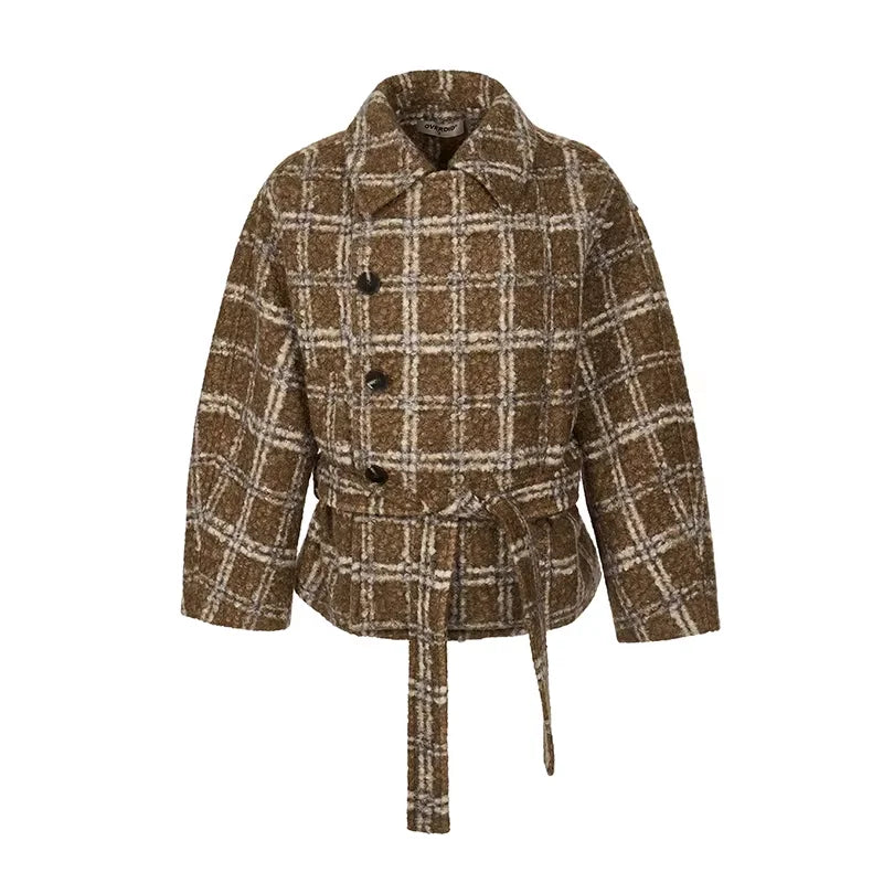Amee Plaid Bouclé Double-Breasted Belted Coat