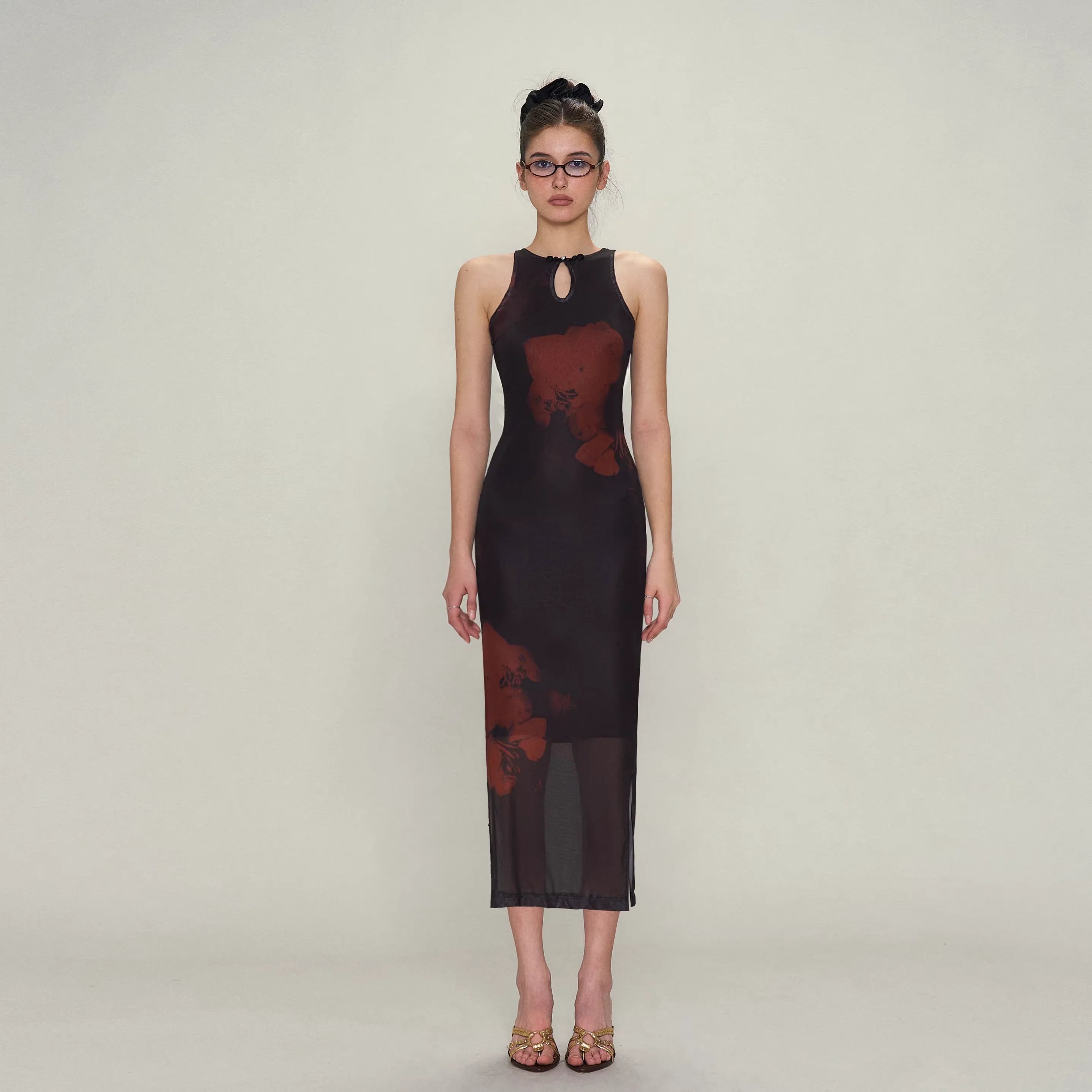 Amee Women's Sleeveless Qipao Bodycon Dress with Floral Print