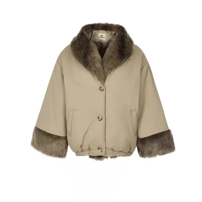 Amee Vintage Khaki Patchwork Mid-Length Coat with Fur Collar and Flared Sleeves