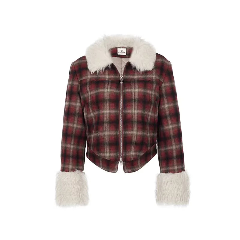 Amee Red Plaid Faux Fur Trim Quilted Jacket and Shorts Set