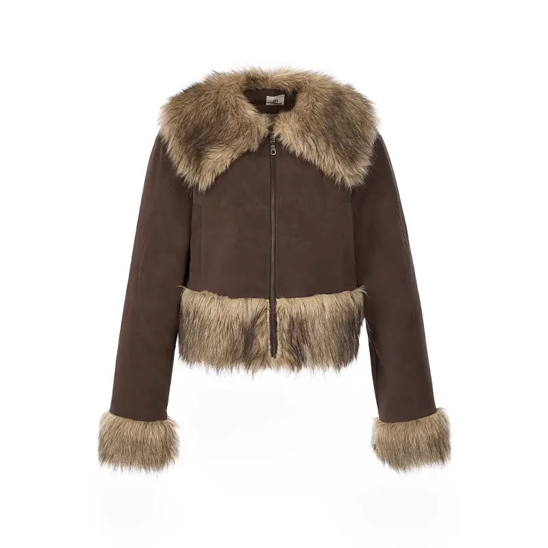 Amee Faux Fur Collar Cotton Coat with PU Patchwork