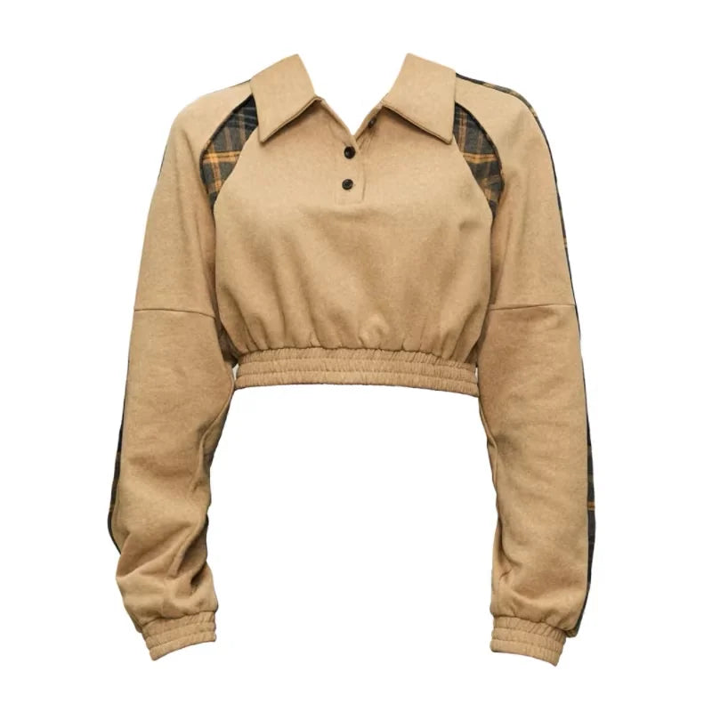 Amee Cropped Plaid Patchwork Pullover Sweatshirt with Lapel Collar