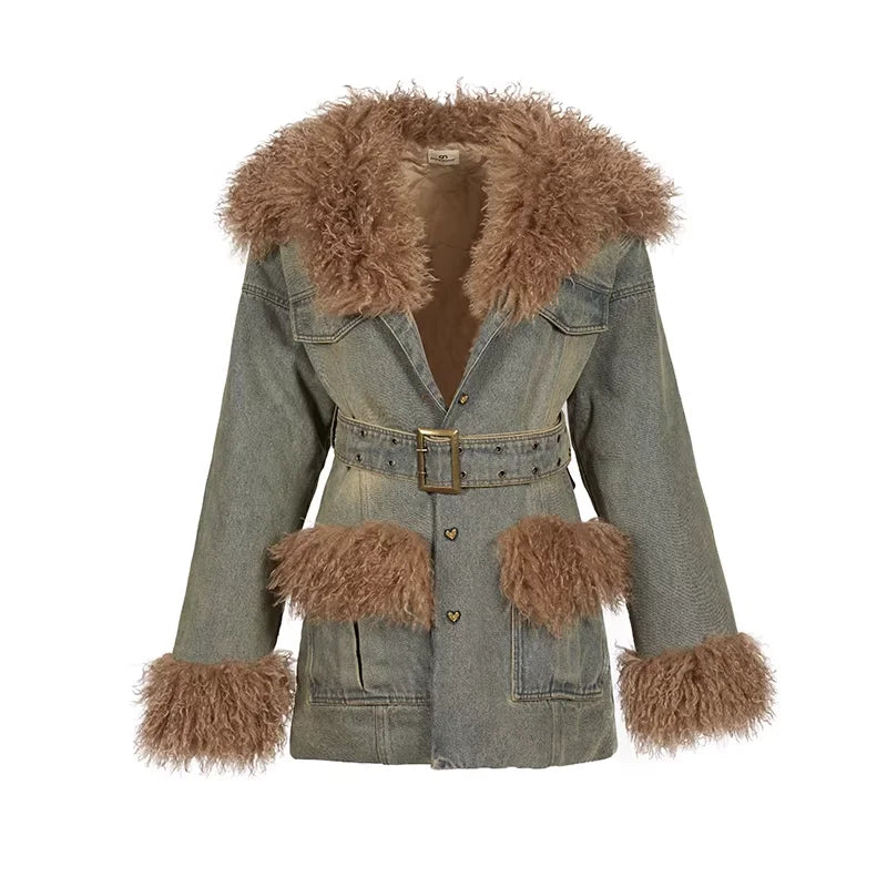 Amee Vintage Washed Yellow-Green Denim Coat with Faux Shearling Trim for Women