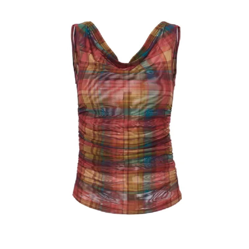 Amee Red Plaid Off-Shoulder Mesh Top