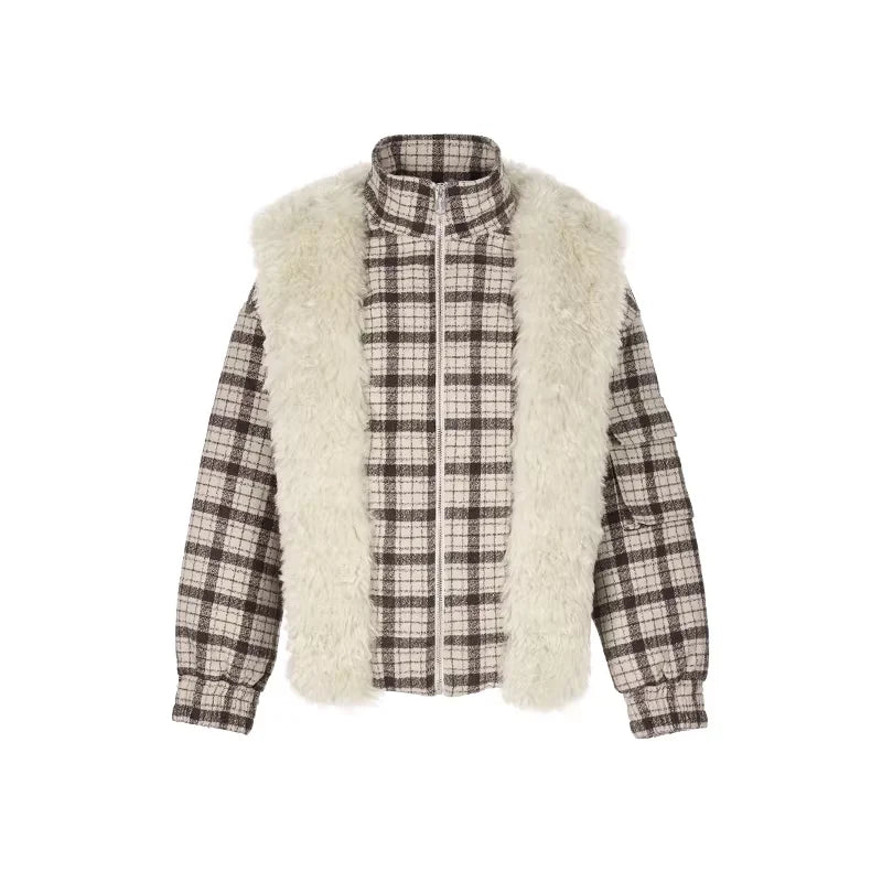 Amee Plaid Lambswool Patchwork Hooded Winter Jacket