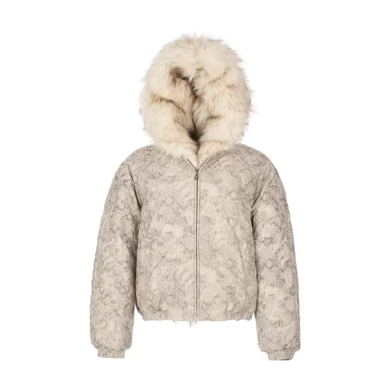 Amee Embossed Snake Pattern Hooded Faux Fur Jacket