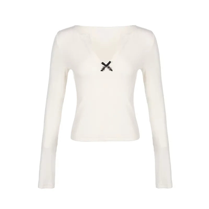 Amee White Slim Fit Knit Top with Bow Detail